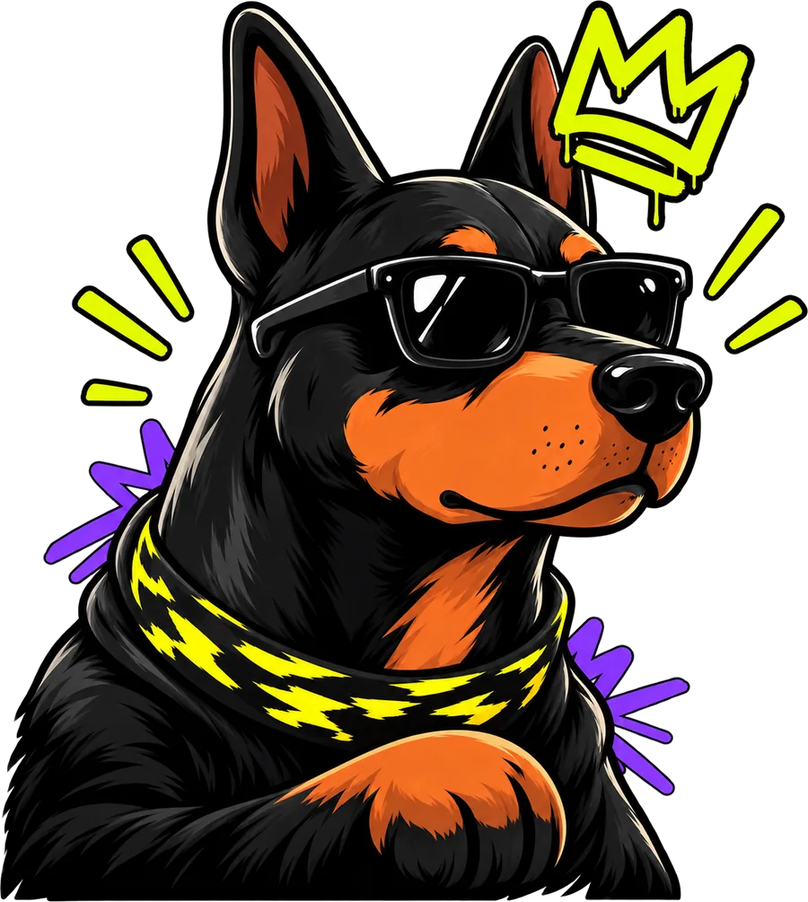 La mascota de LRVWebs, un doberman con gafas de sol y corona