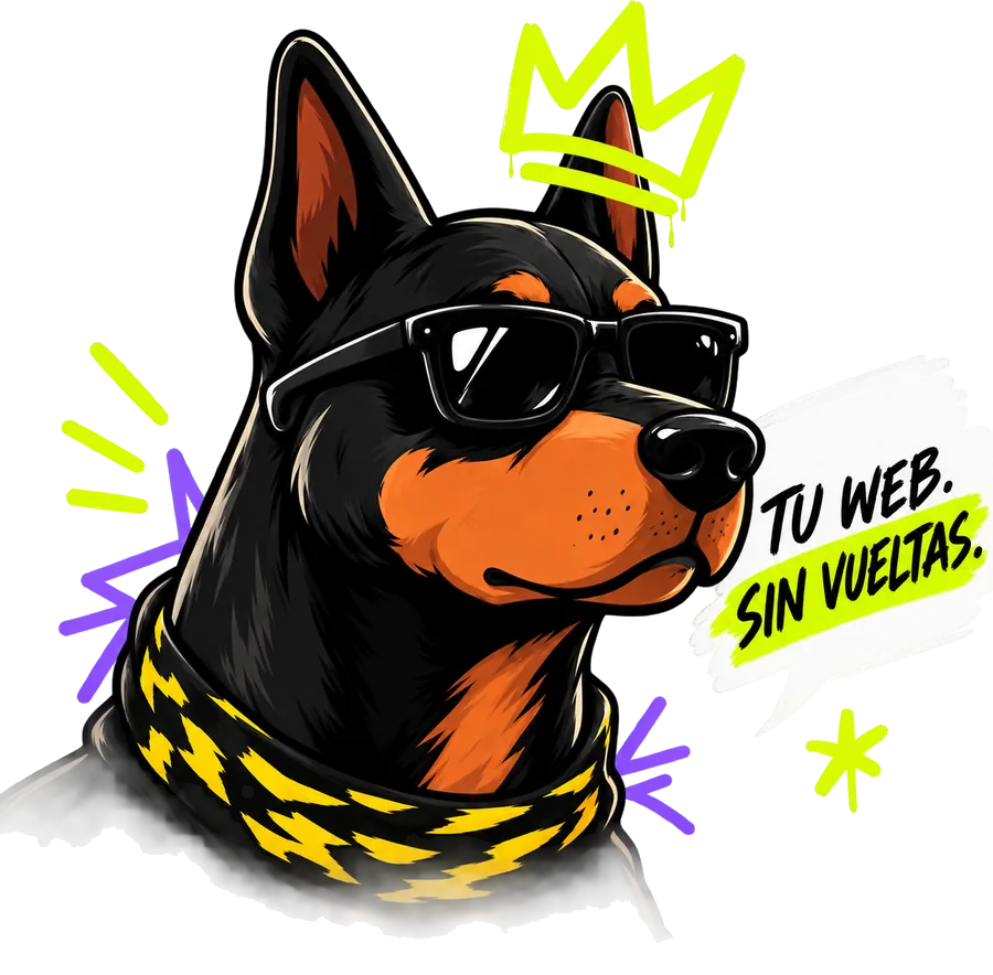 Mascota de LRVWebs con el lema Tu web. Sin vueltas.